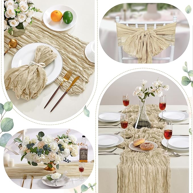 Beige Mother’s Day Cheesecloth Table Runner 10FT Long Easter Spring Boho Gauze Table Runner Rustic Sheer Runner for Spring Wedding Bridal Baby Shower Birthday Party Table Decor Home Easter Decor