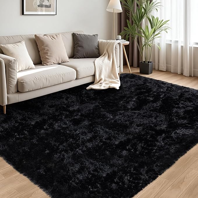 4x6 Area Rug for Living Room:Ultra Soft Fluffy Shag Black Rugs,Large Fuzzy Plush Indoor Non Slip Carpet Washable Rug for Bedroom Kids Nursery Office Dorm Modern Decor(Black 4'x6')