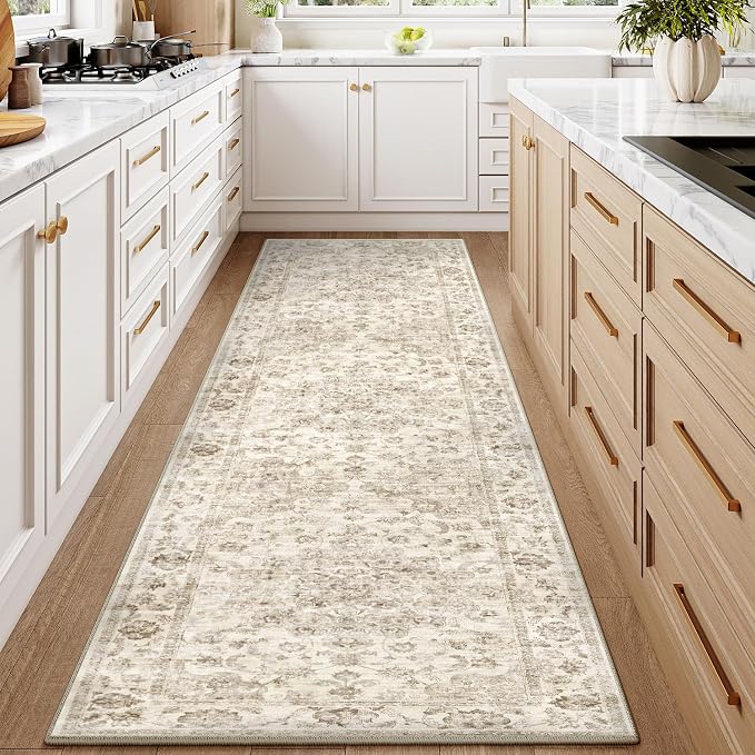 2'6x10 Washable Neutral Runner Rug Beige Vintage Hallway Kitchen Carpet Non-Slip Soft Low Pile Farmhouse Throw Rug for Bedroom Bathroom Laundry Living Room