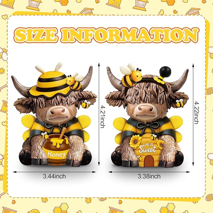 Karenhi 2 Pcs Bee Highland Cow Figurines, Bee Costume Resin Honey Cow Gnomes Scottish Resin Statue Calf Lovers Gifts for Spring Home Garden Kitchen Office Tiered Tray Table Decor