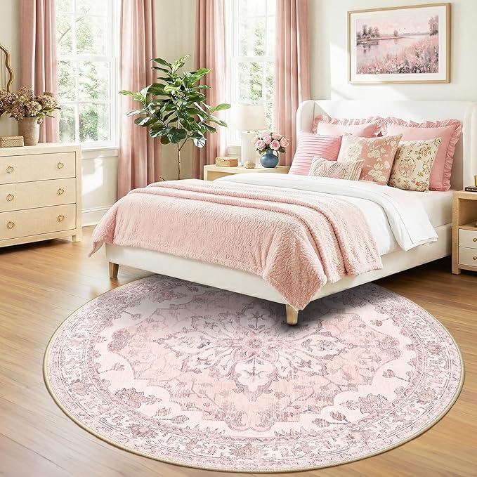RELEANY Area Rugs 8ft Washable Non-Slip, Floral Vintage Distress Print Pattern Medallion Carpet for Living Room Bedroom Dining Room, Pink Greypink Cute