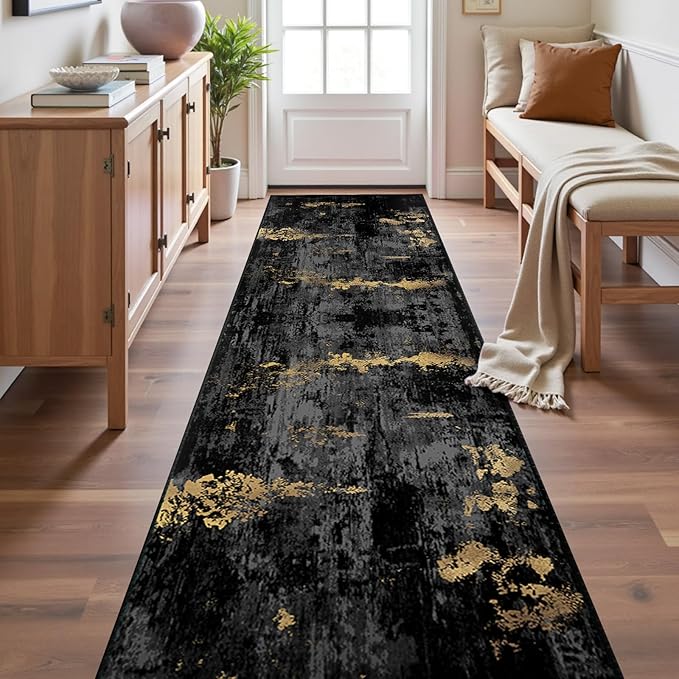 RELEANY Washable Area Rugs 2'x10' Non-Slip Modern Abstract Soft for Living Room Entryway Bedroom Nursery, Print Pattern, Dark Black Gold