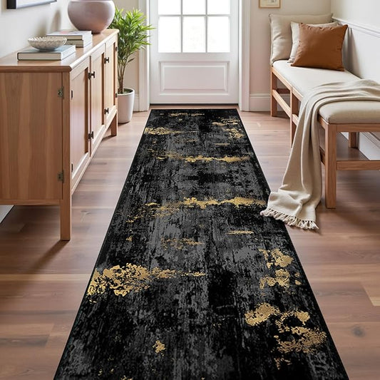 RELEANY Washable Area Rugs 2'x10' Non-Slip Modern Abstract Soft for Living Room Entryway Bedroom Nursery, Print Pattern, Dark Black Gold