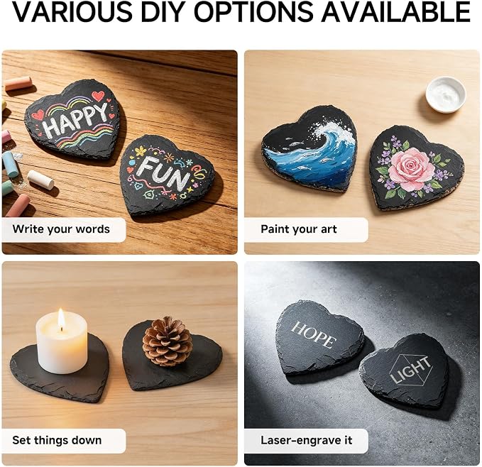Slate Coasters Set, 48 Retro Heart Slate Drink Coasters, Heat-Resistant Blank Slate for Engraving, Ideal for Drinks, Gifts, Wedding Parties, Decor, Christmas, Home & Bar (48 Heart)