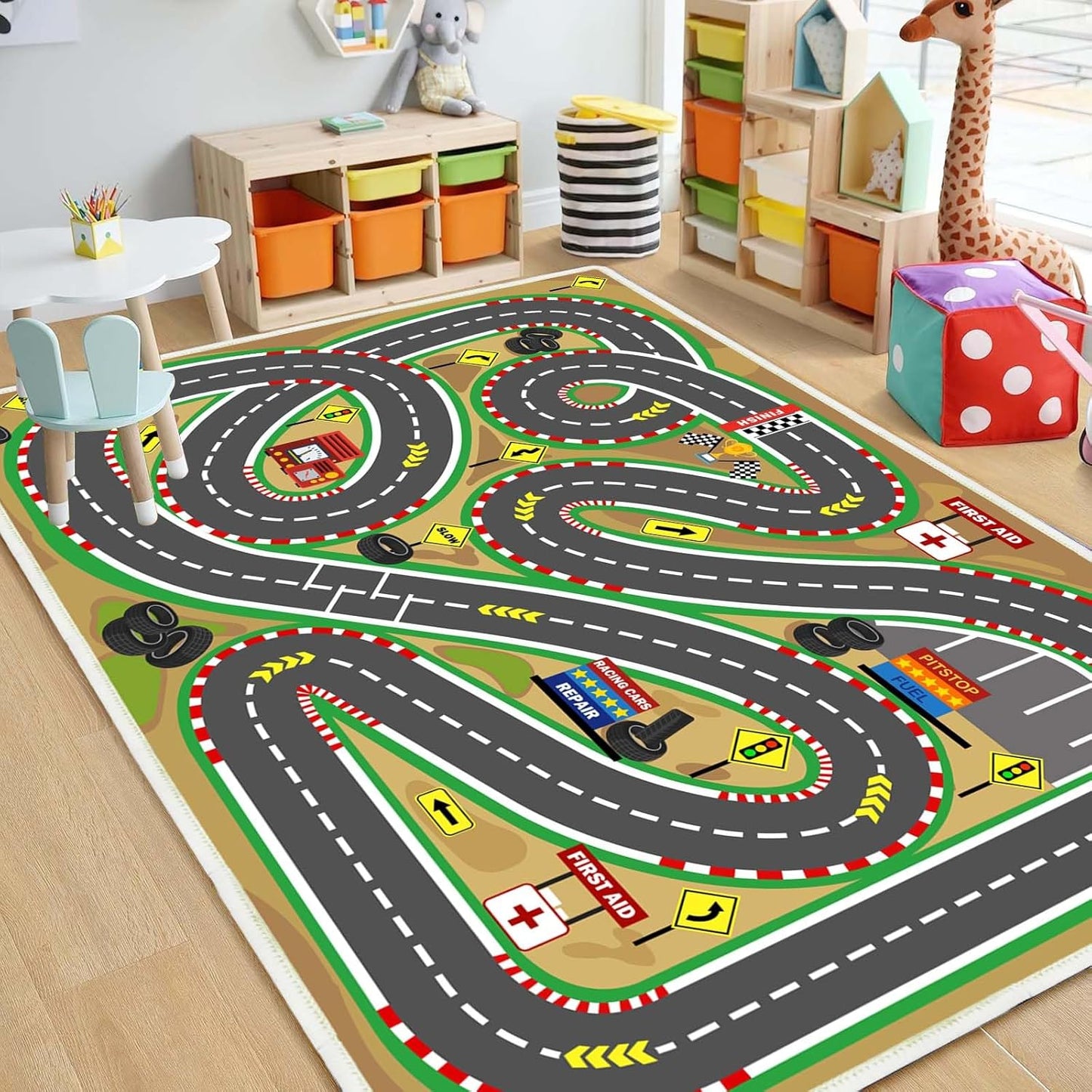 Kids Rug Play mat Playroom Rugs Car Rugs for Kids Toy Cars Race Track for Classroom Rug (Race-Brown, 5.2x7.9ft)