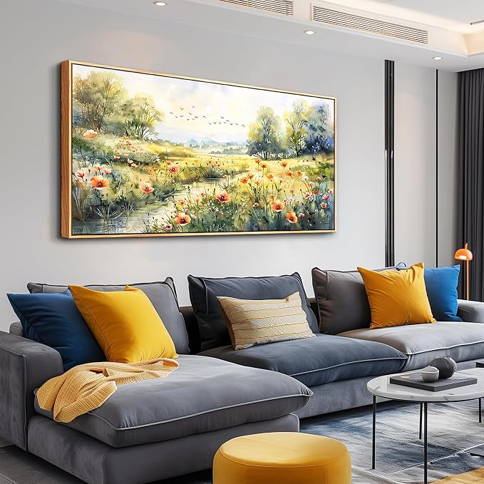 XIGUANGART Framed Canvas Prints Wall Art Pastoral Art Work for Wall Decor Riverside Grassland Watercolour Scenery Pictures Abstract Large Paintings for Living Room Bedroom Office Modern Decorations