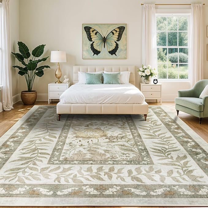 LIANLAM Washable Rug 9x12 Area Rugs for Living Room - Stain Resistant Non-Slip Backing Floral Design Rug for Bedroom,Durable & Ultra-Thin Vintage Large Area Rug(9x12,Beige)