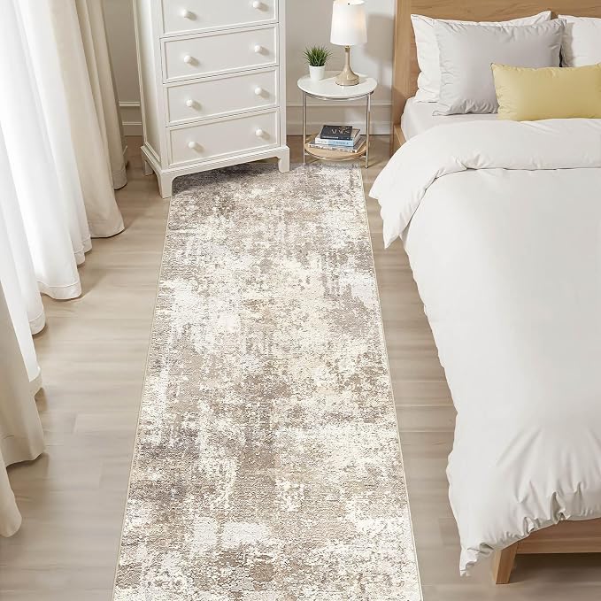 Runner Rug Kitchen Washable Rugs: 2x6 Non-Slip Abstract Soft Modern Stain Resistant Indoor Floor Neutral Accent Throw Carpet for Hallway Bathroom Laundry Room Entryway Bedroom- Beige Brown