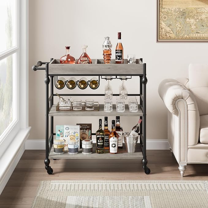IDEALHOUSE Bar Cart, 3 Tier Bar Carts for Home with Wheels, Metal Rolling Serving Cart with Wine Rack & Glass Holder, Removable Tray and Storage Shelves for Kitchen, Dining Room, Living Room – Grey