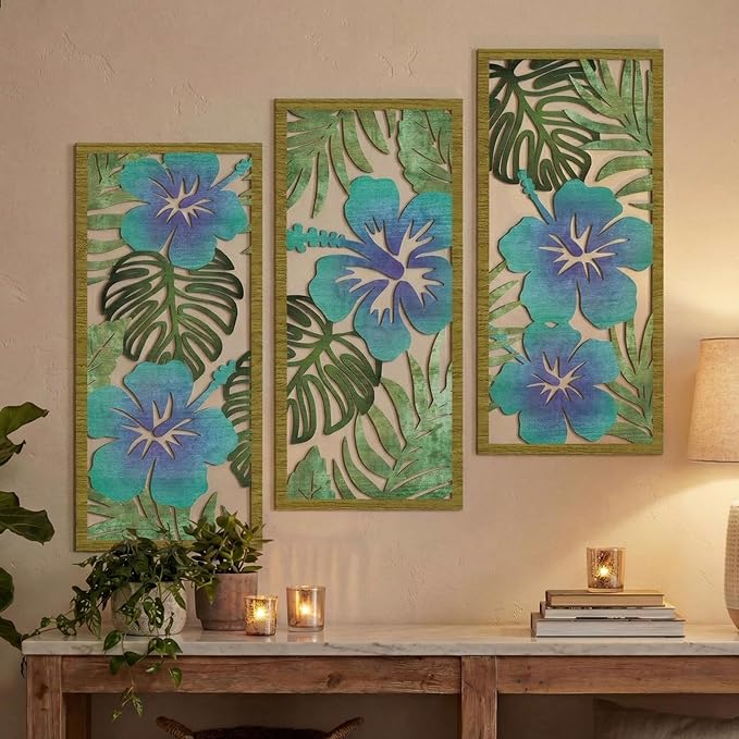 Threehoney 3 Pcs Tropical Wall Decor 3d Wooden Palm Leaf Wall Art Monstera Sculptures Wood Hibiscus Flowers Hanging Decor Vintage Plant Plaque for Home Bathroom 7.09 x 15.75 Inch(Fresh Style)