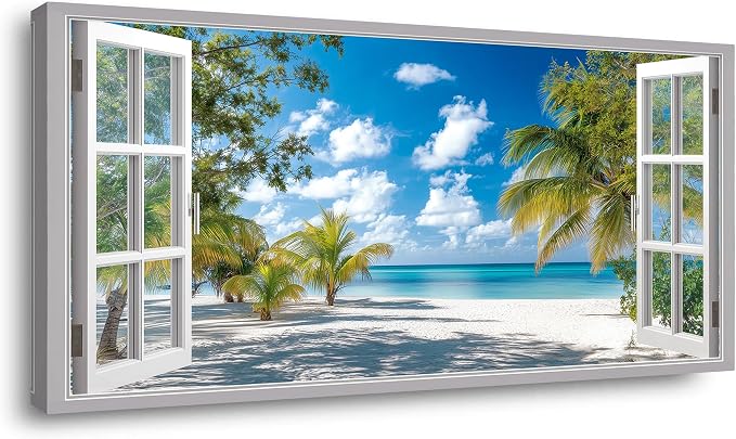 Ggaafet Tropical Beach Window Wall Art for Bedroom Canvas Painting Prints Beautiful Palm Tree Art Deco Modern Artwork Office Family Room Decor