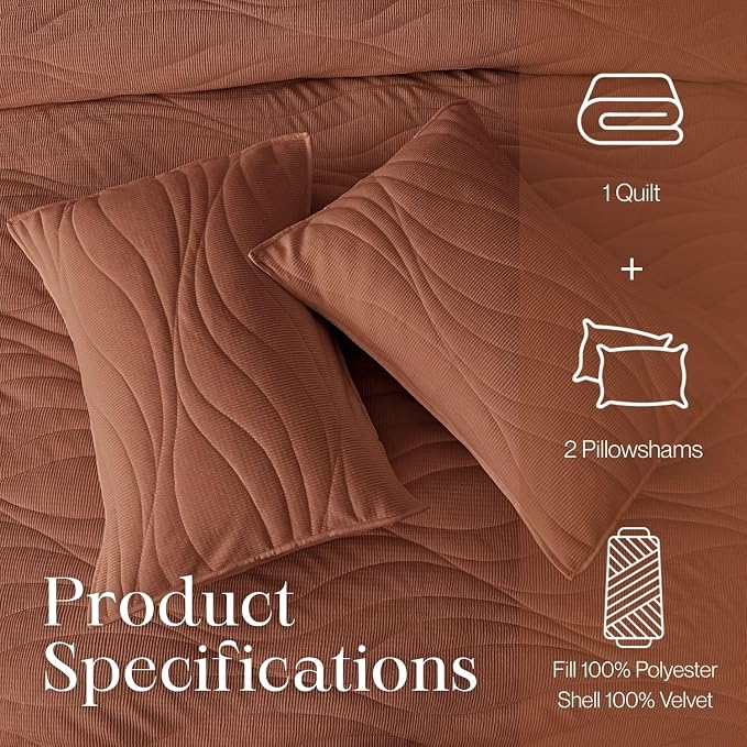DOWN HOME Crinkle Textured Velvet Quilt Set with Shams, All-Season Luxury Modern Bedding,Easy Care Comforter,Ultra-Soft,Lightweight & Breathable, King, Rosewood Brown