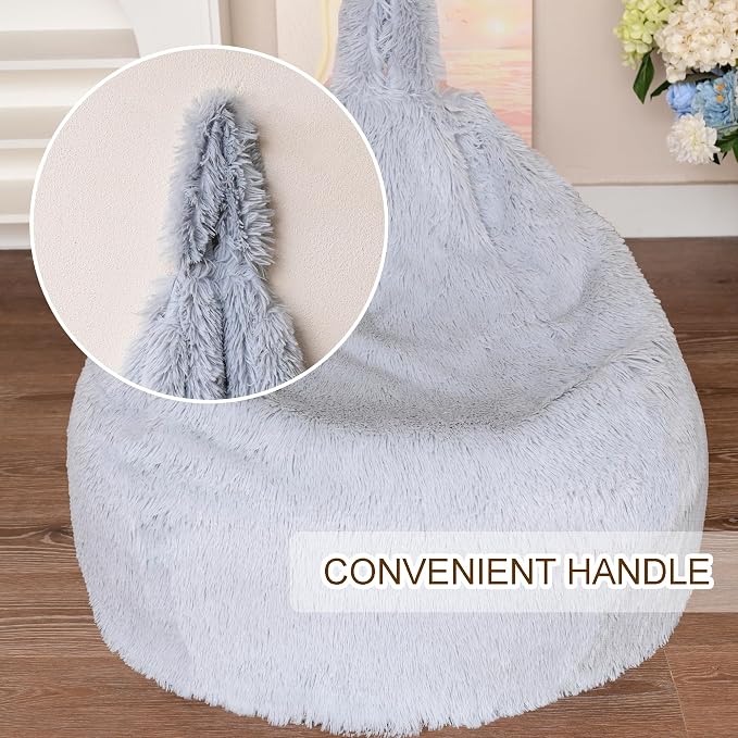 BCU Bean Bag Chair Cover Ultra Soft Fluffy Faux Fur Beanbag Cover Plush Living Room Chairs Cover for Adults and Kids, Grey