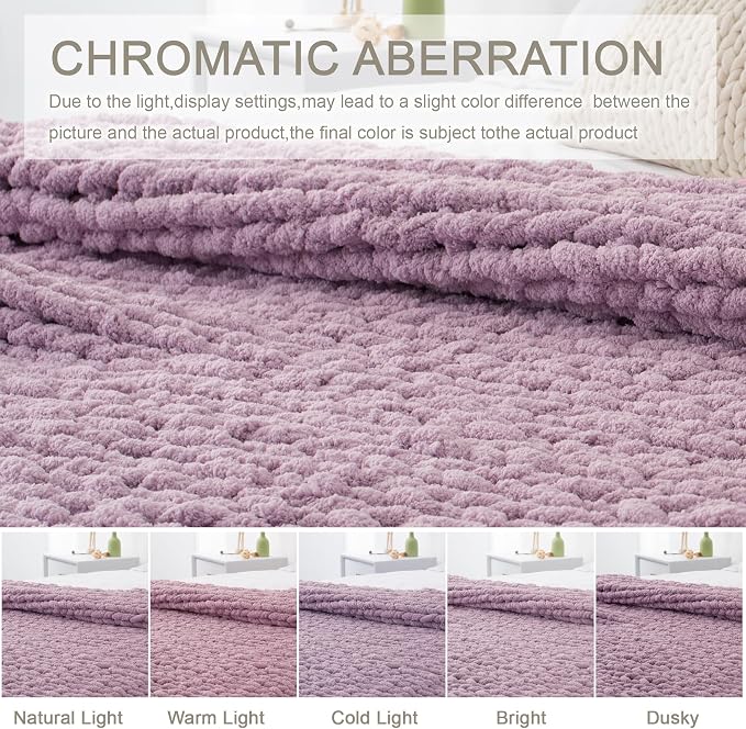 Chunky Knit Throw Blanket 60x80, 100% Handmade Chenille Yarn | 6.7lbs Soft Thick Cable Knitted Blankets, Large Rope Knot Crochet Throws for Couch Sofa Bed Machine Washable, Purple