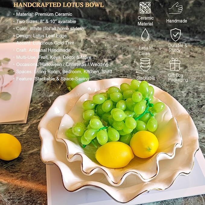 10 Inch White Ceramic Decorative Bowl, Large Shallow Bowl with Ruffle Lotus & Gold Trim - Fruit Display for Kitchen Counter, Modern Dining & Coffee Table Decor Centerpiece, Ideal Housewarming Gift ﻿