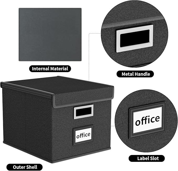 New Portable File Organizer Boxes Set of 4, Collapsible Linen Hanging Filing Storage Boxes with Plastic Slide, Decorative Home/Office Filing System for File and Folders Storage (Black)