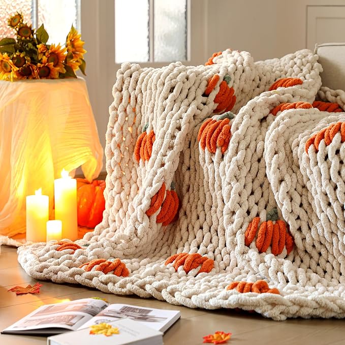 Mindsoft Chunky Knit Throw Blanket Large 50" X 60" 100% Handmade Cream Chenille Loop Yarn Fluffy Soft Knitted Throw Big Cozy Thick Cable Knit Crochet Blanket for Couch Sofa Bed (Orange,Pumpkin)