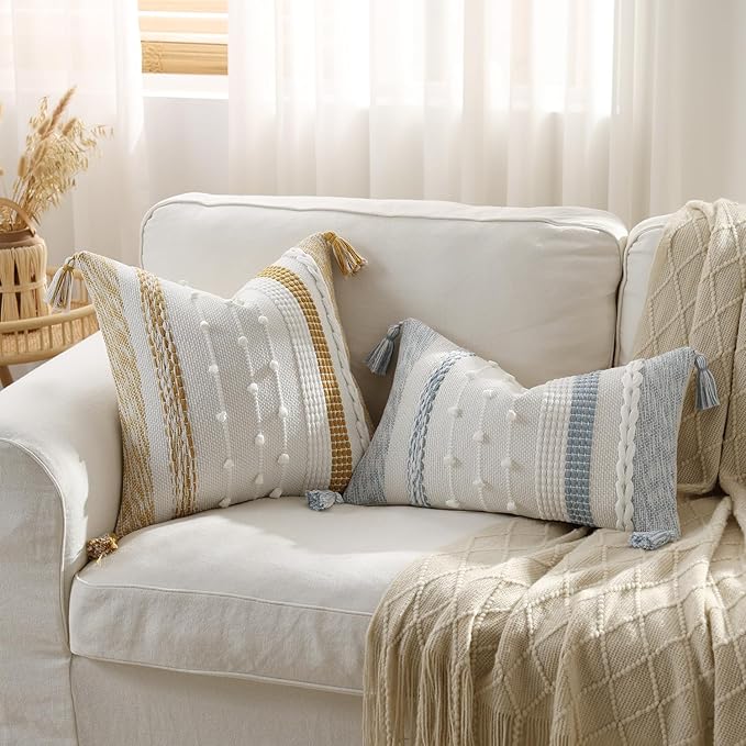 DEZENE Boho Pillow Cover 18x18 Mustard Yellow - Handmade Woven Textured Throw Pillow Case with Cordings & Tassels, Decorative Accent for Couch Sofa Bed Farmhouse Living Room Bedroom Home Decor