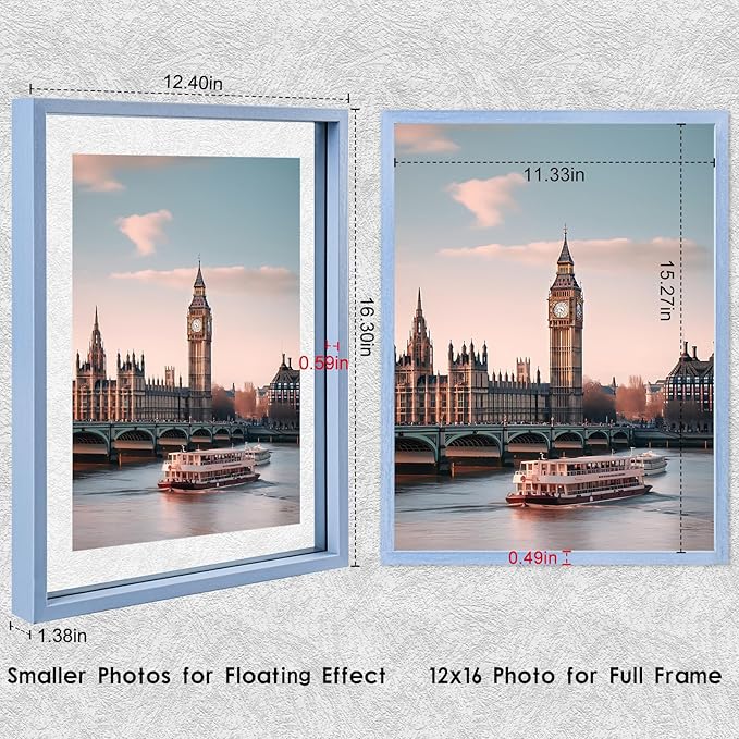 MUYE 12x16 Floating Frame Set of 2,Double Real Glass Photo Frame,Display Any Size Photo up to 12x16,Wall Mount or Tabletop Standing,Blue