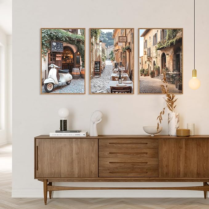SIKERIC Vintage Italy City Landscape Wall Art Set of 3, Modern Minimalist Europe Street Framed Canvas Art Prints, Country Farmhouse Wall Decor for Living Room, Bedroom, Office - 16 x24inch