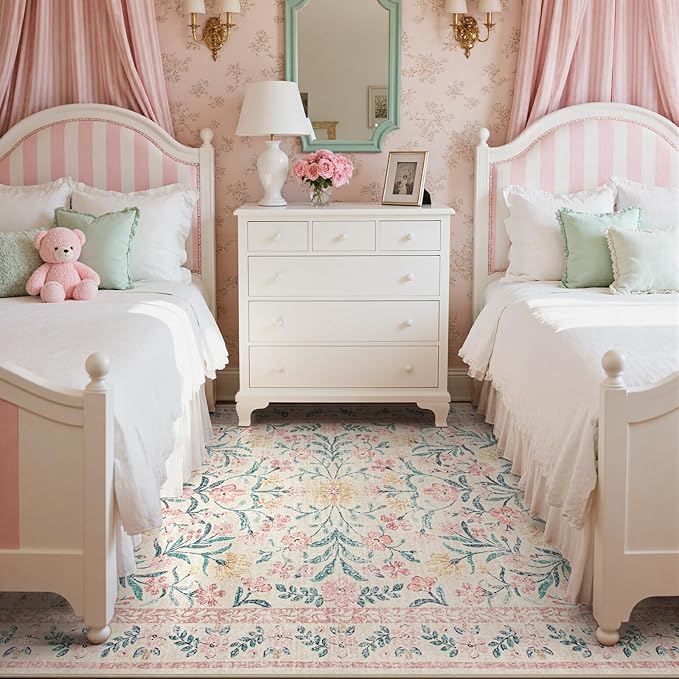 Wonnitar Pink Rugs for Nursery, 5x7 Washable Rug for Bedroom Girls, Boho Soft Floral Carpet Non Slip, Indoor Ultra-Thin Floor Carpet for Baby Kids Room Living Room Dorm Decor