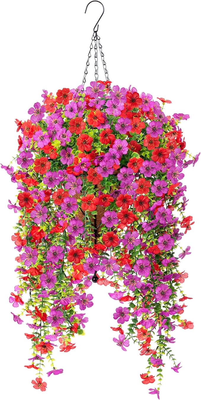 Ammyoo Artificial Hanging Flowers for Outdoors Fake Plants Decoration, 2 Packs Faux Silk Daisy Flower Realistic Outdoor Flowers UV Resistant Porch Patio Window Yard Indoor Spring Decor(Red Purple)
