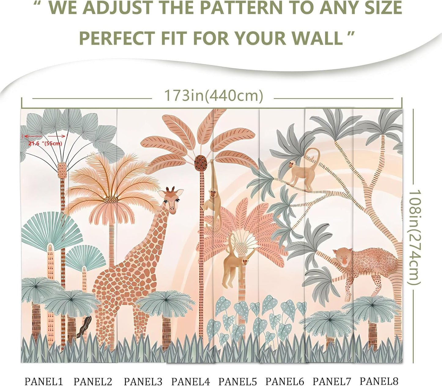 Safari Mural Wallpaper Tropical Tree Animal Large Wall Decor for Kids Room (Not Peel and Stick)