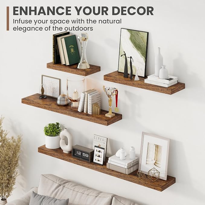 Acovy 48 Inch Floating Shelves, 8 Inch Deep Floating Shelves for Wall, Hanging Shelf with Invisible Brackets, Deep Shelves for Bathroom, Bedroom, Living Room, Brown, Set of 1