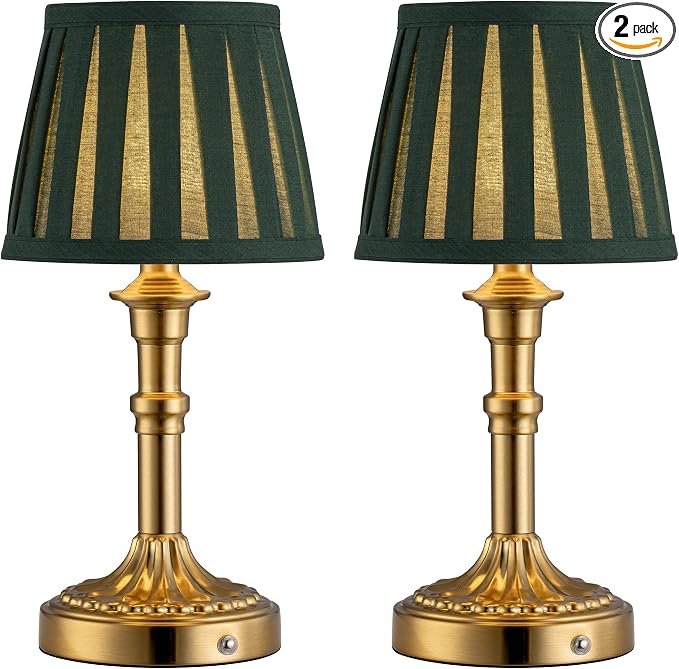 KDG Gold Cordless Table Lamps Set of 2, Green Fabric Shade Small Desk Lamp | Portables, 5000mAh Battery Powered, LED Lighting, 2700K Stepless Dimmable, Light for Living Room, Dining Room, Bedroom