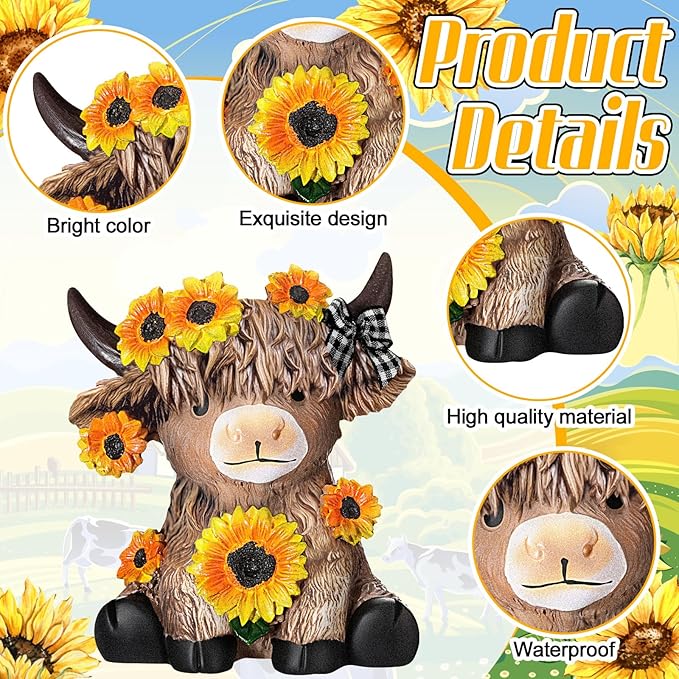 Wesiti 2 Pcs Mother's Day Sunflower Highland Cow Figurines Gifts for Mom, Cute Spring Highland Cow Statue Farmhouse Desk Decorations Resin Gnomes Scottish for Home Garden Kitchen Office Decor