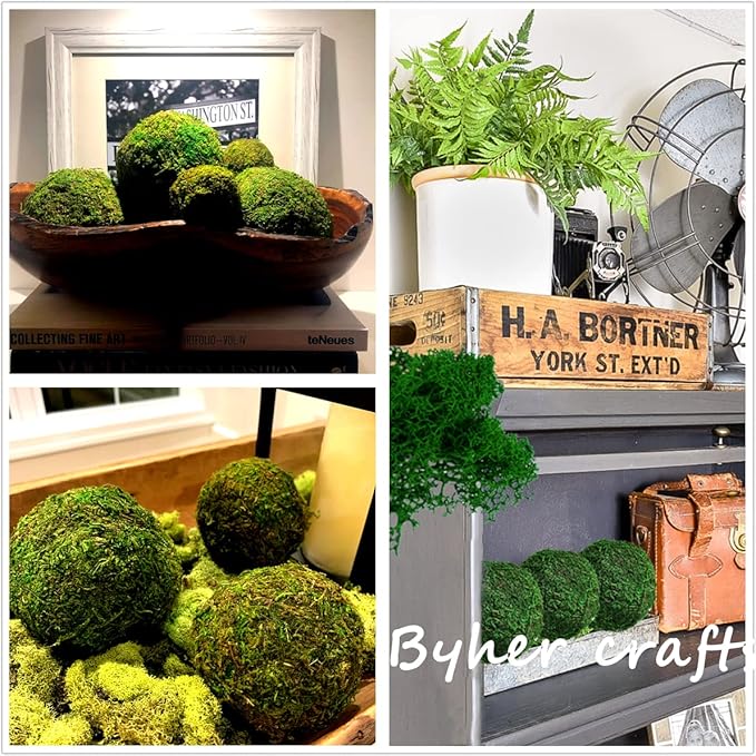 BYHER Moss Balls, 18 PCS Decorative Balls for Centerpiece Bowls - 6pcs 3.2" Natural Dried Balls+ 12pcs 2" Green Moss Balls Vase Bowl Filler (Set of 18)