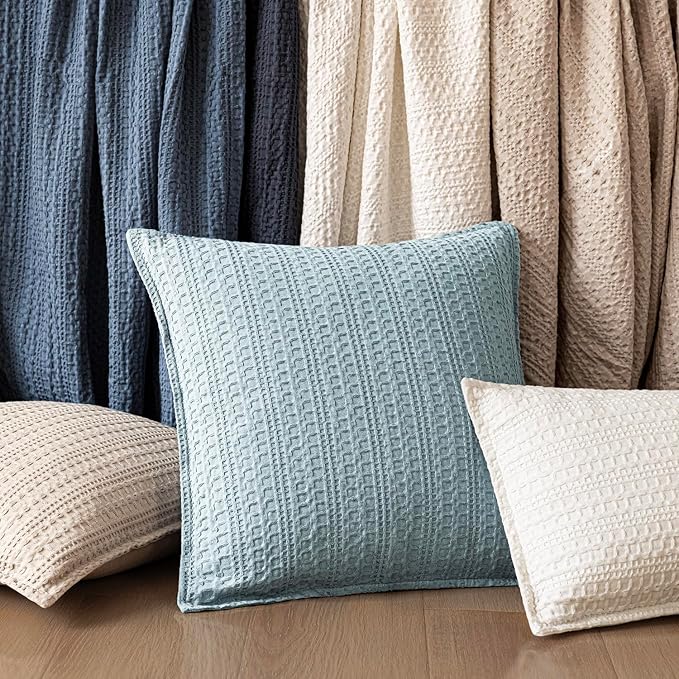 Foindtower Set of 2 Decorative Cotton Waffle Weave Throw Pillow Covers Euro Shams Cushion Covers Accent European Pillowcase for Bed Couch Sofa Bedroom Living Room Home Decor 22×22 Inch Light Blue