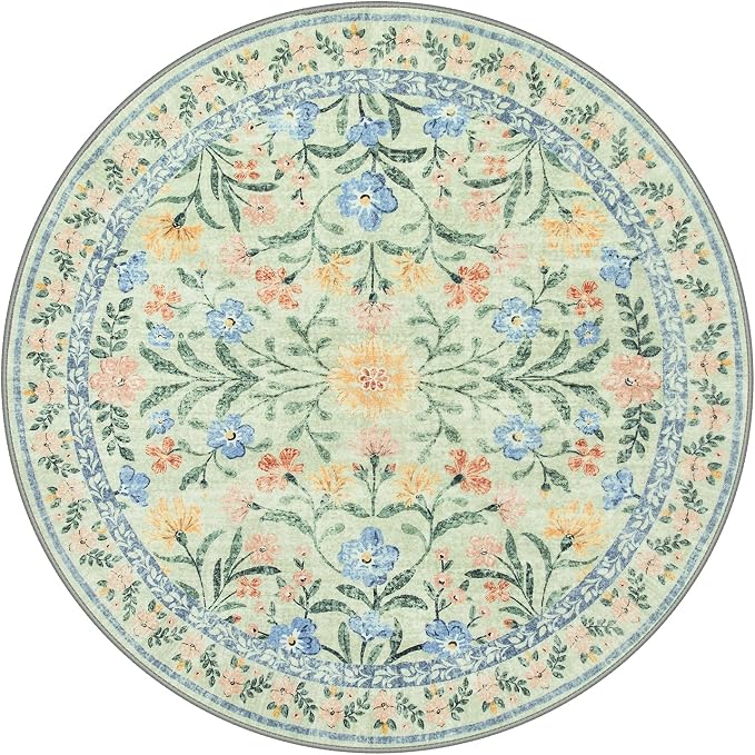 Wonnitar Washable Floral Round Rug, 6ft Sage Green Round Area Rugs for Bedroom Nursery, Boho Non-Slip Indoor Large Circle Carpets for Dining Room Living Room Kids Playroom