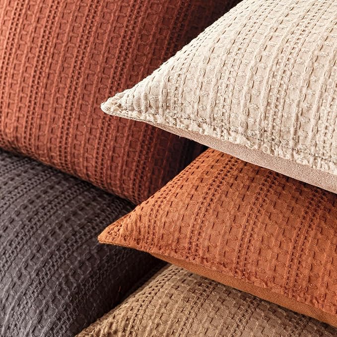 Foindtower Set of 2 Decorative Cotton Waffle Weave Throw Pillow Covers Euro Shams Cushion Covers Accent European Pillowcase for Bed Couch Sofa Bedroom Living Room Home Decor 22×22 Inch Burnt Orange