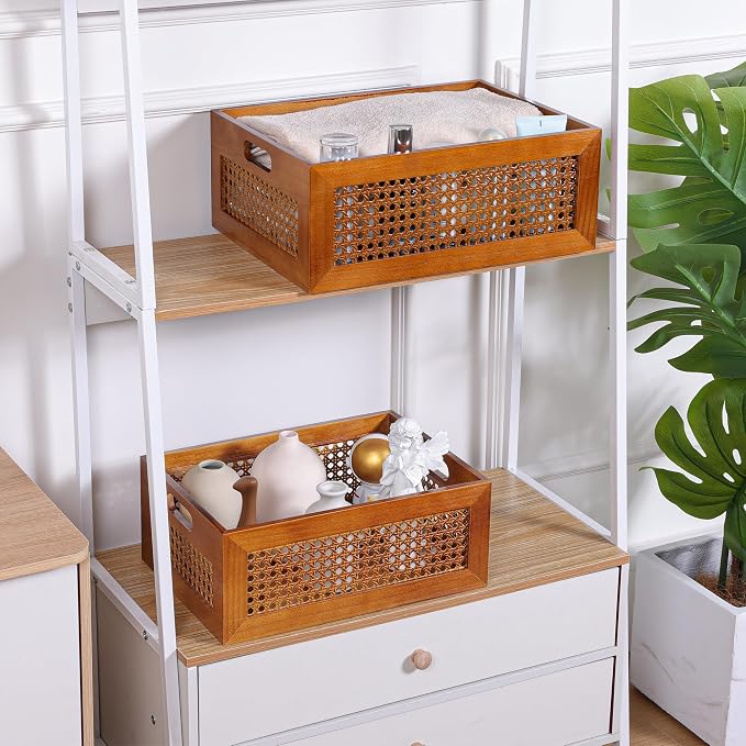 Wooden Storage Basket Set of 2 Handmade Rattan Drawer Storage Box with Frame & Handles Decorative Natural Bamboo Woven Bins Rustic Farmhouse Decor Home Office Tabletop Shelf Organizer