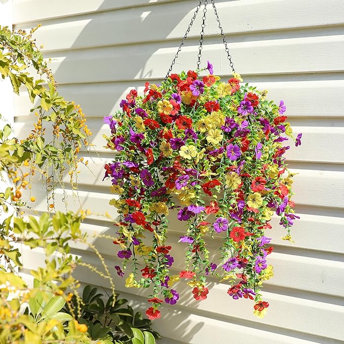 Artificial Flowers for Outdoors Spring Decor, 6 Bundles UV Resistant Realistic Faux Silk Hanging Flowers, Fake Plants for Planter Indoor Outside Garden Porch Patio Balcony Yard Farmhouse（Mix）