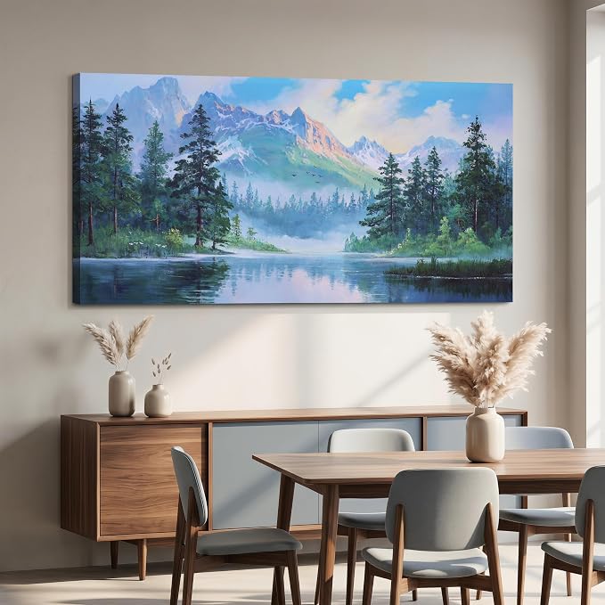 Acocifi Landscape Canvas Wall Art for Living Room 48"x24" Blue Painting | mountain lake forest nature scenery picture pine trees modern wall decor bedroom kitchen large artwork framed ready to hang