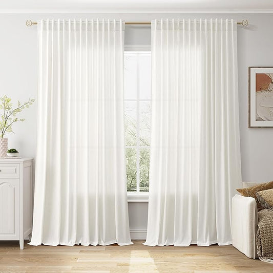 Nanspring Extra Wide 100 Inch Curtains for Living Room 102 Inches Long Linen Farmhouse Sheer Curtains for Sliding Door Beige White Long Curtain for Bedroom Back Tab and Rod Pocket 100x102,2 Panels