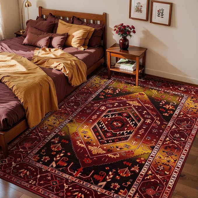 SERISSA Area Rug 3x5 Boho Rugs for Bedroom, Washable Non-Slip Living Room Rug, Ultra Soft Print Distressed Vintage Rustic Red Gold Rug Low-Pile Throw Carpet for Entry Kitchen Bedroom Nursery Dorm