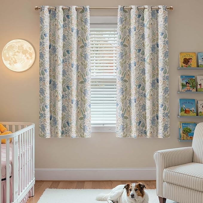 jinchan Nursery Curtains 95% Blackout Blue Floral Curtains for Kids Room, 63 Inch Length Farmhouse Drapes for Bedroom Living Room Darkening Window Treatment Grommet Top Set of 2 Panels