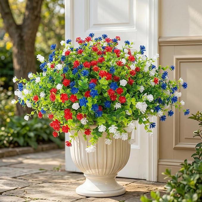 Hananona Artificial Flowers Outdoor, Faux Artificial Plants UV Resistant Plastic Flower Bulk for Hanging Planter Porch Window Home Wedding Fall Summer Decor (24, Red, White, Blue)