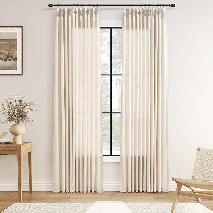 Guken Pinch Pleated Linen Curtains 84 Inch Length for Living Room Bedroom Natural Cream Modern Farmhouse Boho Semi Sheer Back Tab Draps with Hooks Rings 84 Inches Long Beige Ivory 2 Panels Set