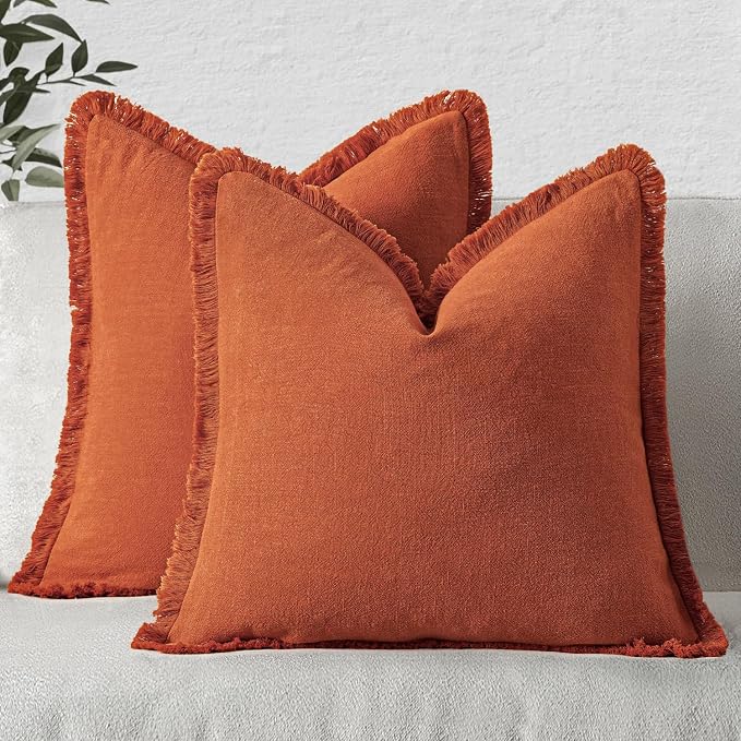 MIULEE Decorative Throw Pillow Covers Neutral Linen Fringe Throw Pillows Set of 2 Burnt Orange Boho Farmhouse Cushion Covers with Tassels for Couch Sofa Bed Living Room Fall Home Decor 20x20 Inch