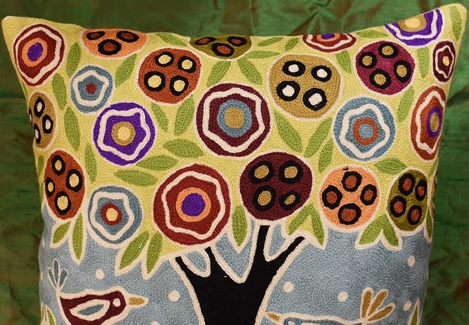 Blue Tree of Life Throw Pillow Cover Karla Gerard Floral Pillowcase Floral Chair Cushion Kids Room Blue Farmhouse Pillowsham Couch Hand Embroidered 18x18 Inch