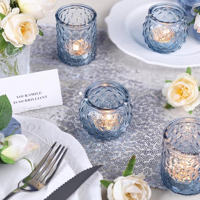 DARJEN Blue Votive Candle Holders Set of 36- Round Candle Holders Bulk, Glass Candle Holder for Wedding Home Decoration, Tea Lights Candle Holders for Wedding Shower, Party & Gift