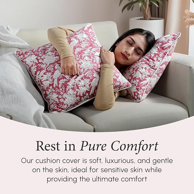 CPC 100% Cotton Throw Pillow Covers 18x18 Inch, Set of 2 Pink Block Print Pattern Couch Pillow, Cute Boho Decorative Pillows for Living Room, Bedroom with Hidden Zipper- Coral Pink