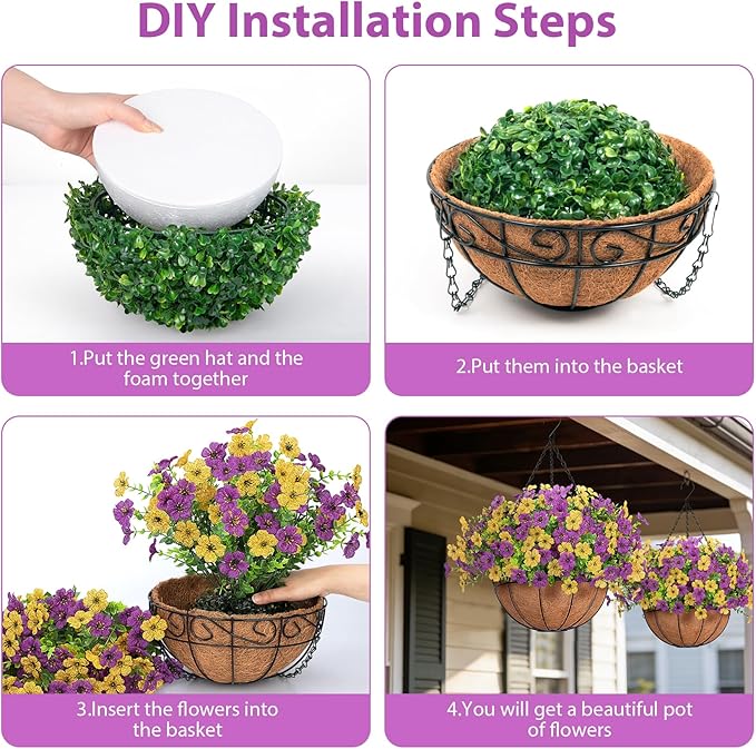 Artificial Fake Hanging Flowers Plants Basket Outdoors, Faux Silk UV Resistant Look Real Daisy Eucalyptus for Spring Summer Garden Porch Home Patio Balcony Yard Decorations, Yellow Purple