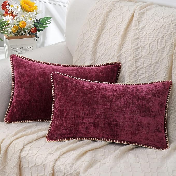 decorUhome Chenille Soft Cozy Throw Pillow Covers 12x20 Set of 2, Modern Farmhouse Boho Velvet Decorative Pillow Cases with Stitched Edge for Couch Sofa Bed Home Decor, Rhododendron