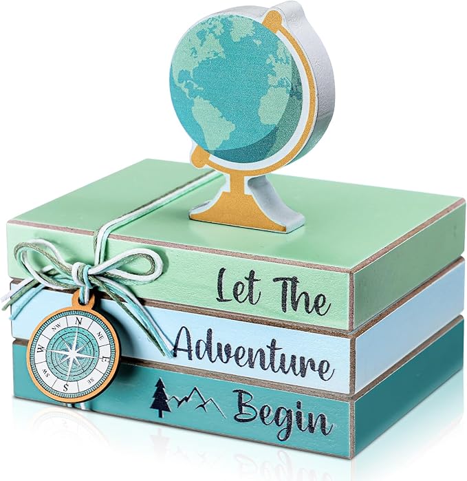 Pinkunn 4 Pieces Travel Themed Wooden Centerpieces Table Toppers Let The Adventure Begin Book Stacks Travel Around The World Bon Voyage for Desk Shelf Home Office Home Living Room