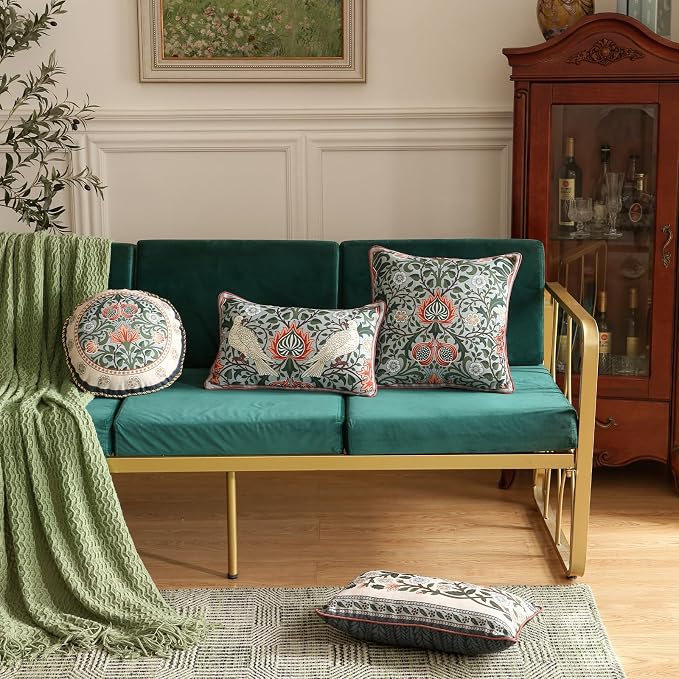 ISAENNE Vintage Linen Throw Pillow Cover,Set of 2,Diameter 16"-Naples B | Designer Elegant Round Pillow Cover,Concealed Zipper Design,Floral Pattern,Sofa,Bedroom,Living Room,Lounge Chairs